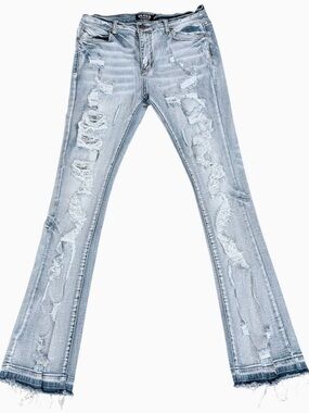 Politics Distressed Flare Jeans Light Wash Raw Hem Stretch Denim Size 34